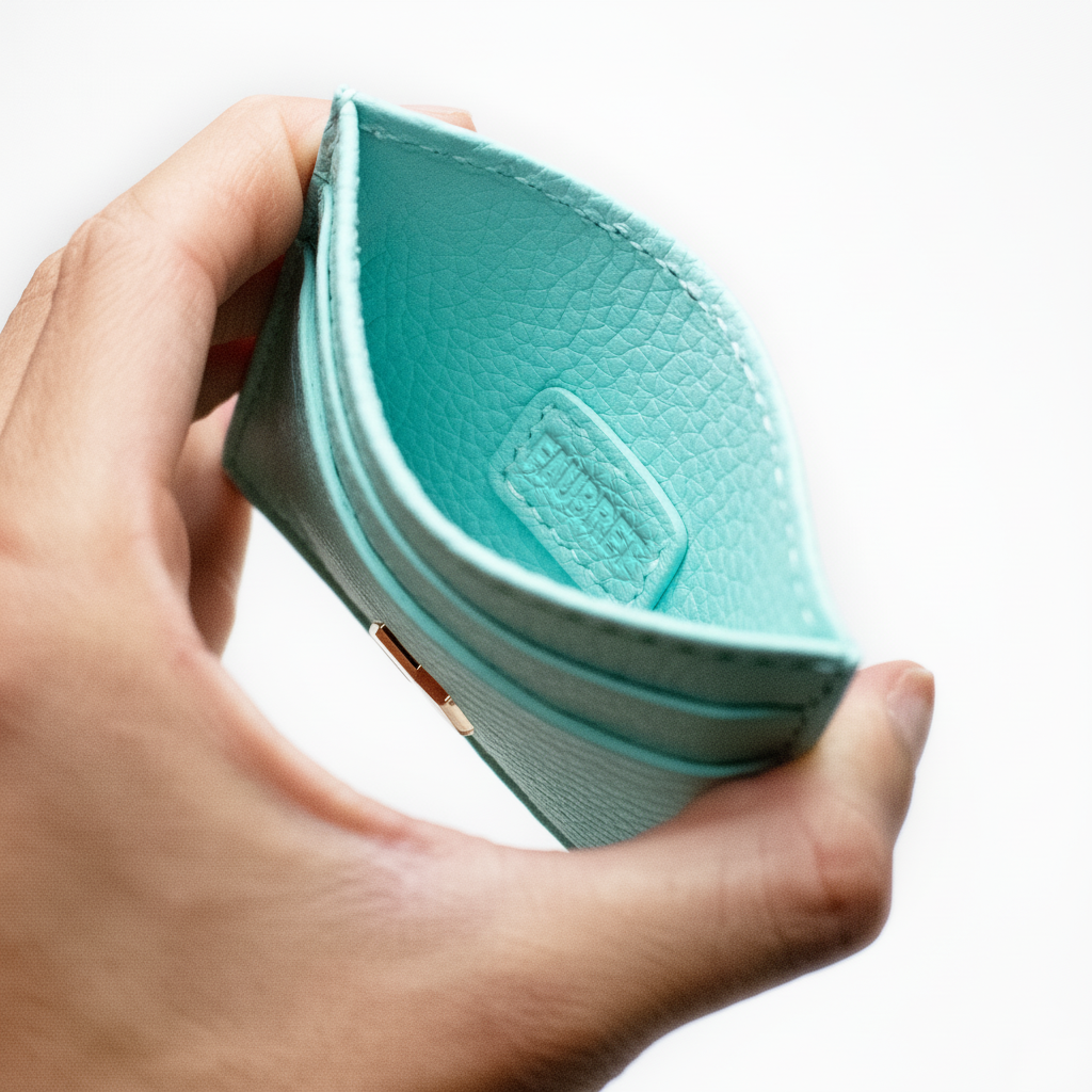 Vue intérieure d’un porte-cartes de crédit en cuir menthe, révélant l’estampille de la marque Faubret et la qualité artisanale du cuir pleine fleur.