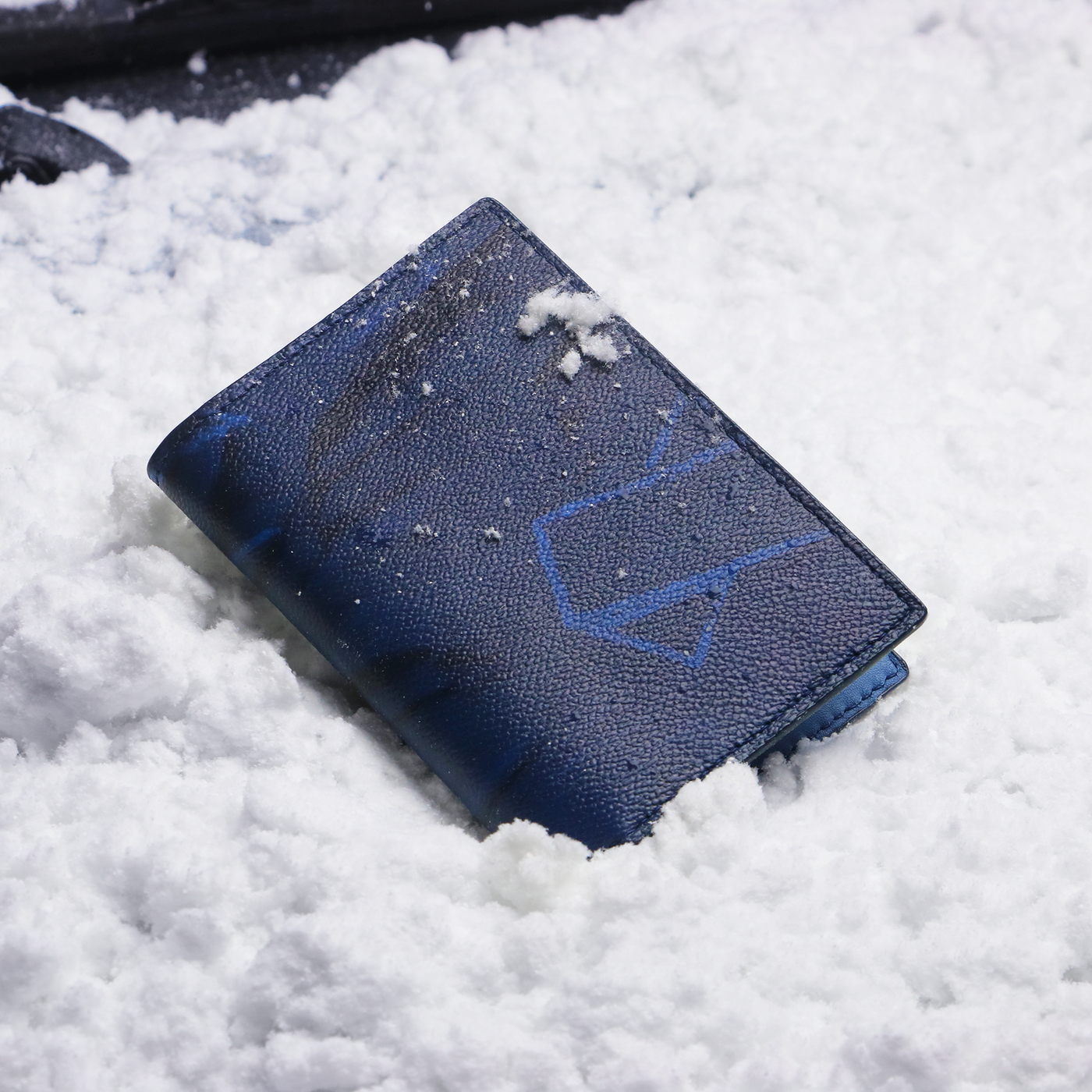 Couverture de passeport bleu sur un fond de neige